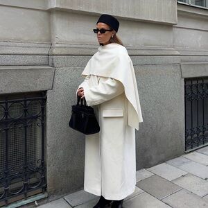 Elegant White Wool Coat with Cape Overlay